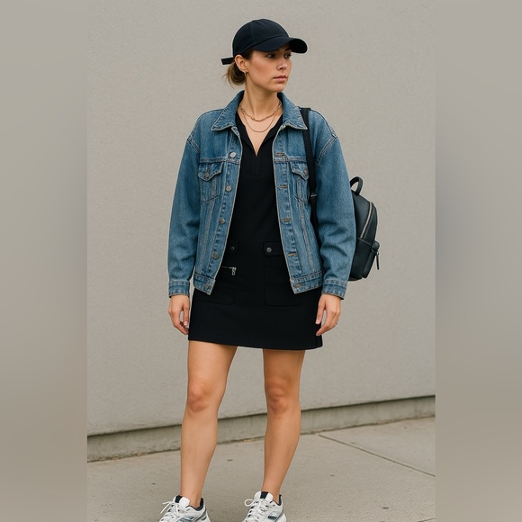 Cynthia Steffe Black Utility Mini Dress Y2K Cap Sleeve Mod Pockets Stretch 10 - Picture 13 of 13